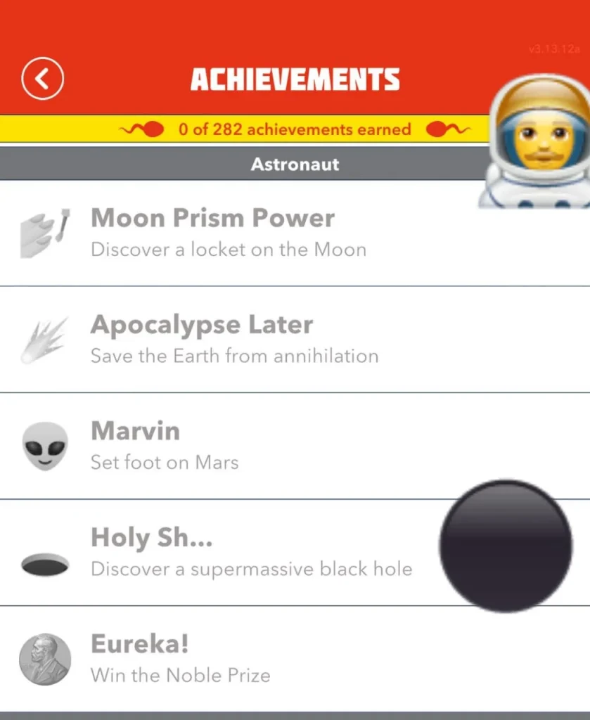 Astronaut achievement list in Bitlife