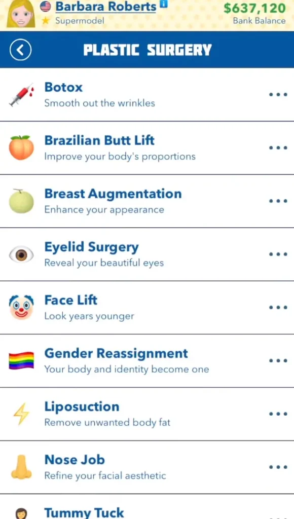 Types of Plastic surgeries in bitlife