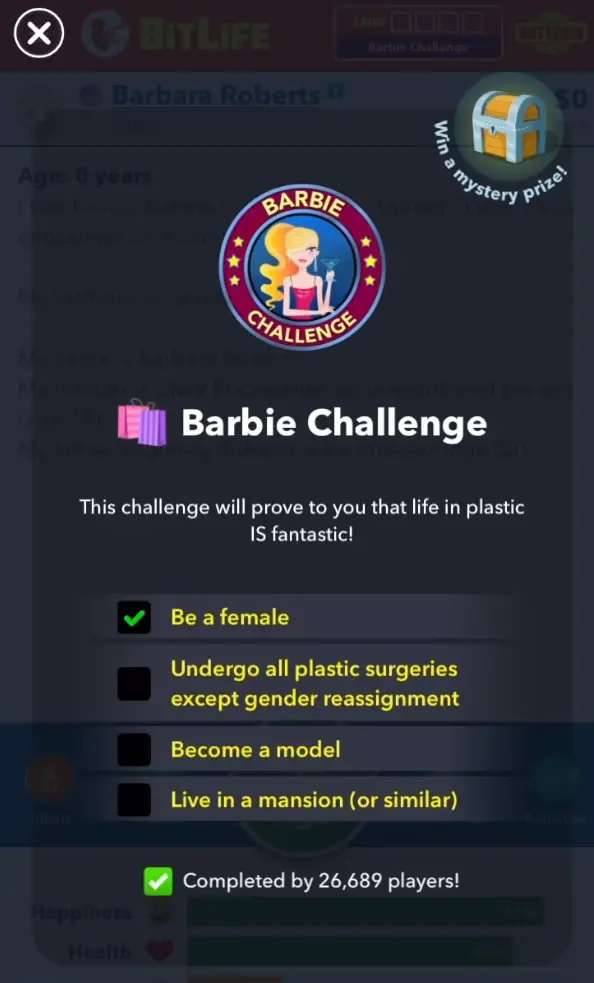 how to complete Barbie challenge -bitlife apk