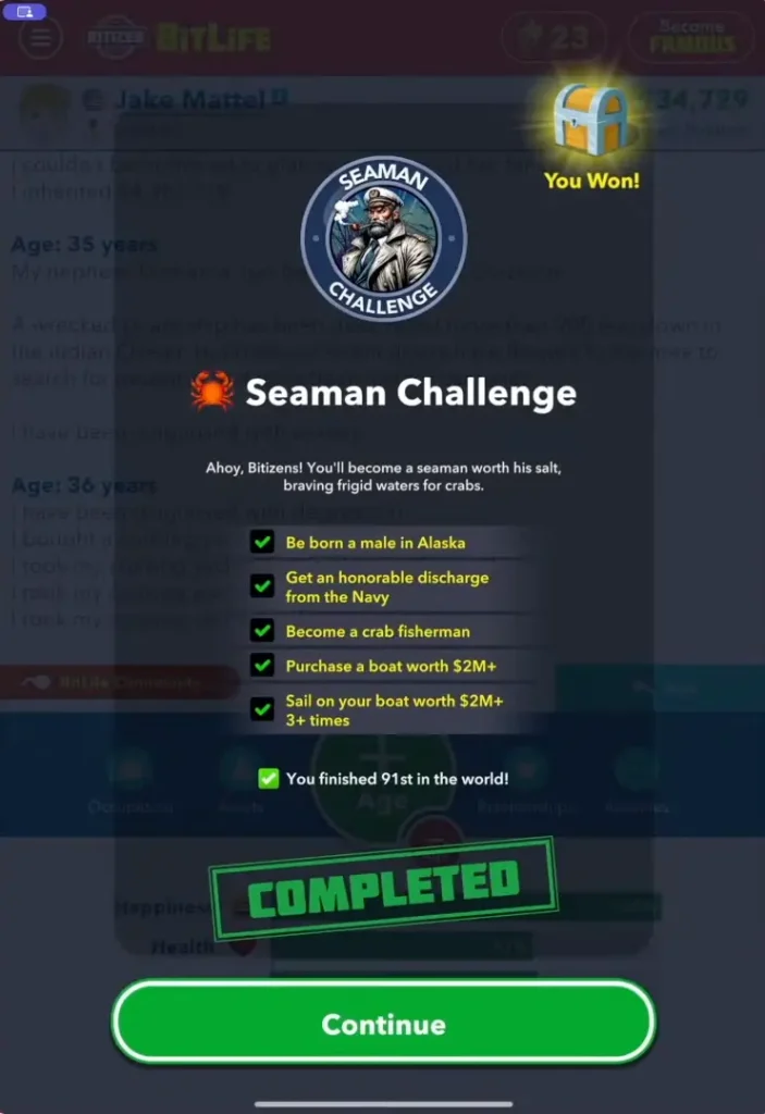 Seaman challenge tasks in bitlife