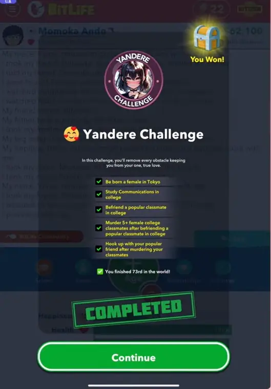 Yandere Challenge in Bitlife tasks