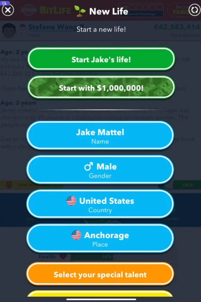 start a new bitlife in ALASKA