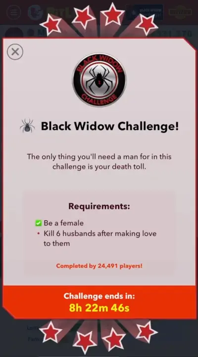 Black Widow Challenge tasks in Bitlife 