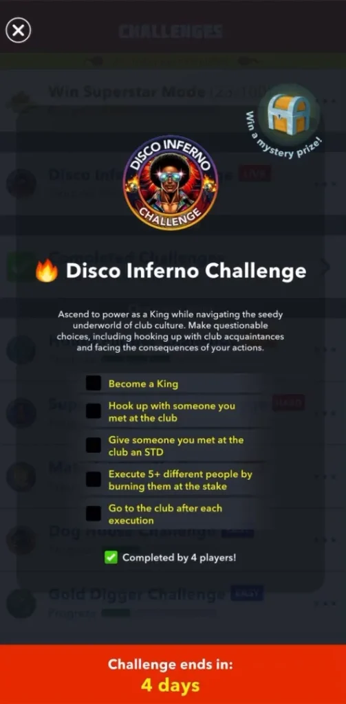 Inferno disco Challenge tasks in bitlife
