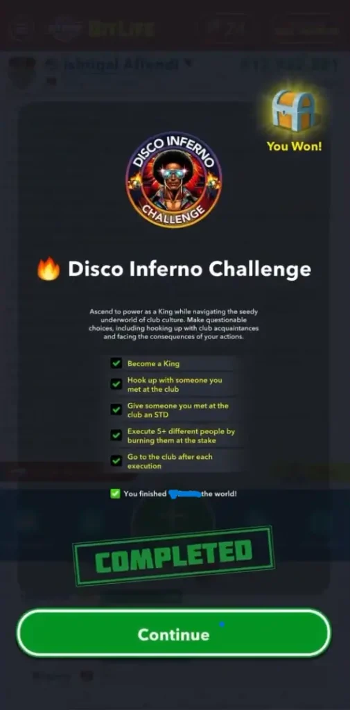Complete Disco Inferno Challenge in bitlife