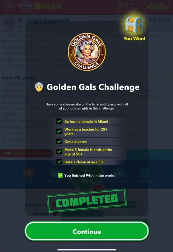 complete challenge Golden Gals challenge in Bitlife