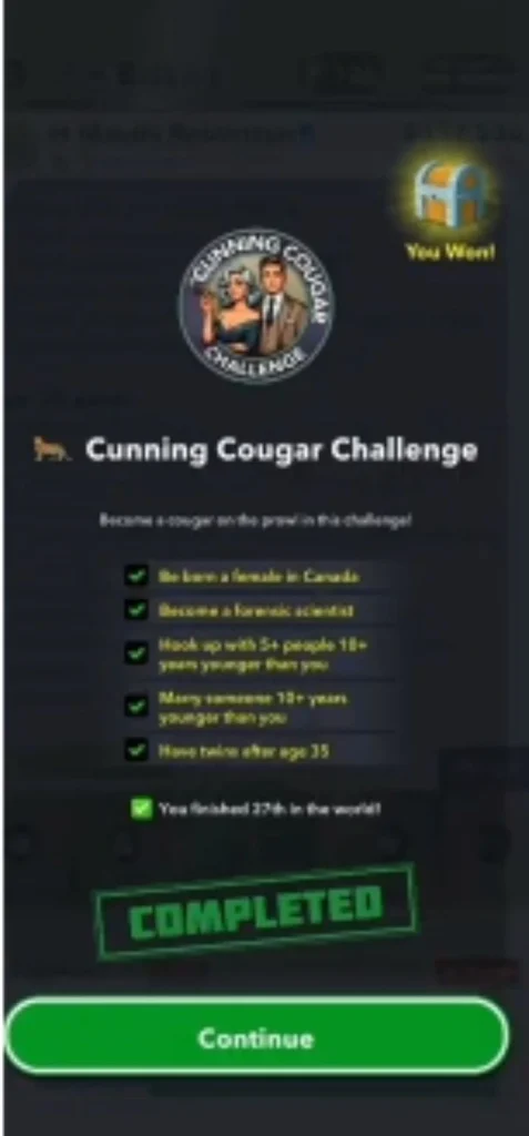 Thử thách Cougar Cougar trong Bitlife