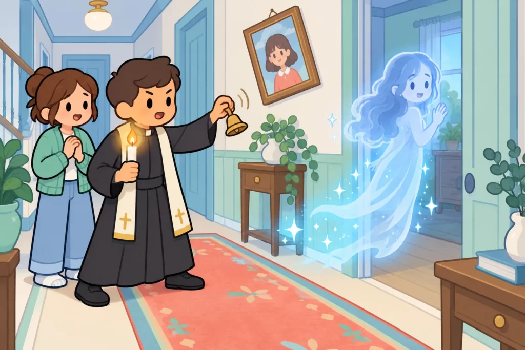 Exorcist removing a ghost from a BitLife haunted home
