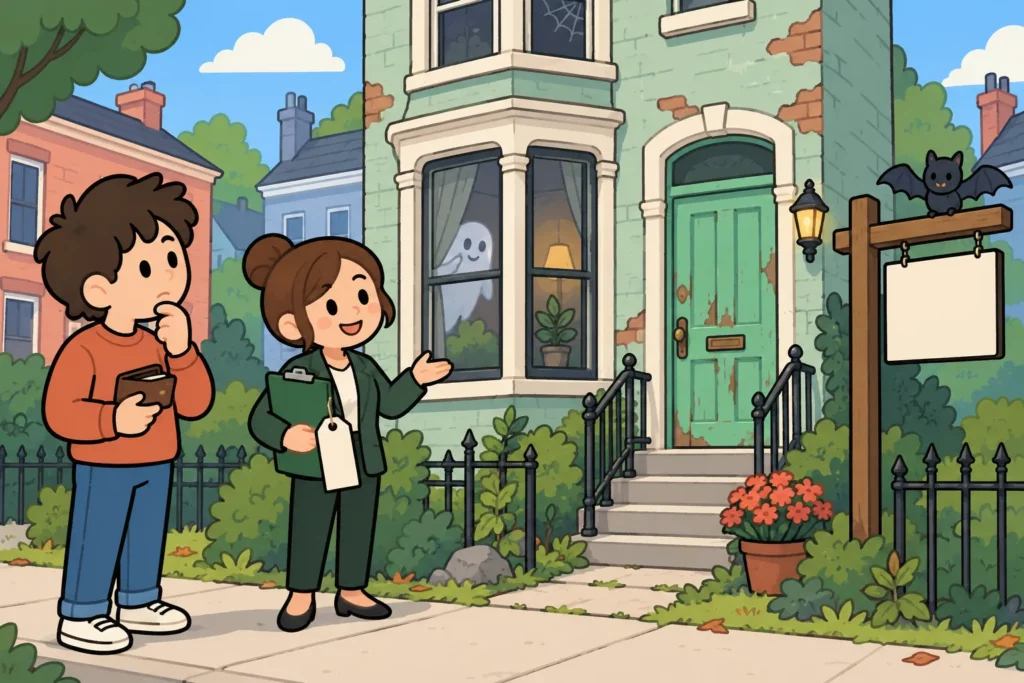 Character buying a haunted row house in BitLife
