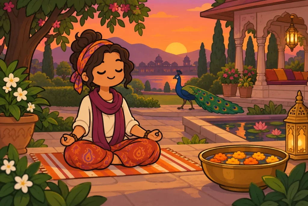 Eat Pray Love Challenge BitLife: Complete All 6 Tasks 3 BitLife character meditating in an Indian garden
