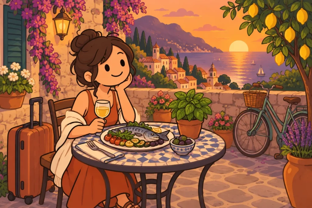 Eat Pray Love Challenge BitLife: Complete All 6 Tasks 2 BitLife traveler eating a Mediterranean meal in Italy