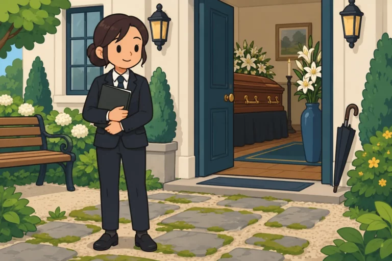 BitLife mortician outside a funeral home