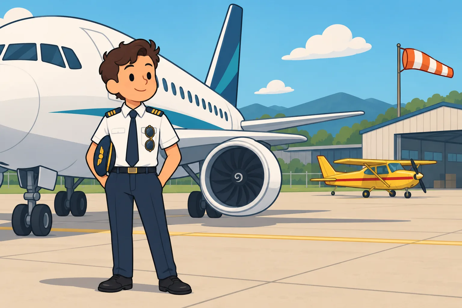 BitLife pilot beside an airline aircraft