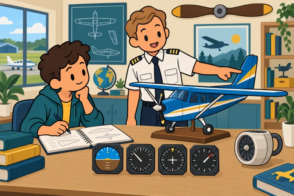 BitLife pilot studying aircraft parts and instruments