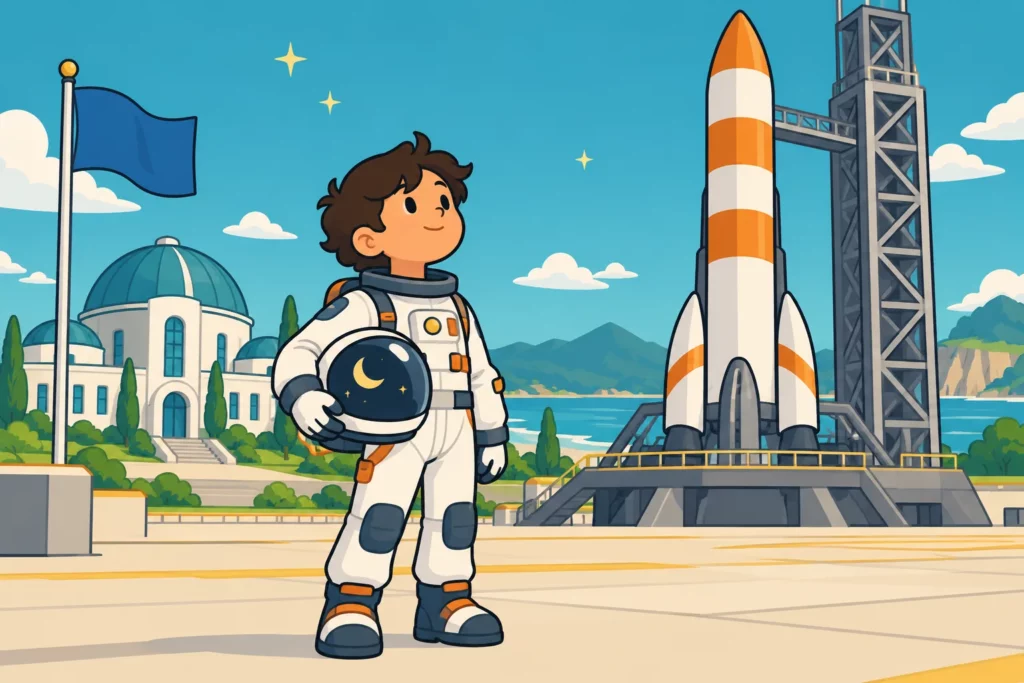BitLife astronaut beside a rocket before launch