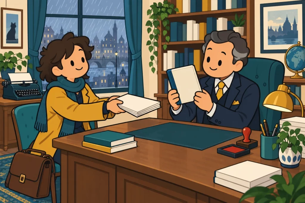 How to Become a Famous Author in BitLife 3 BitLife author handing a manuscript to a publisher