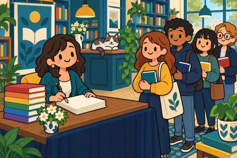 Famous BitLife author signing books for readers