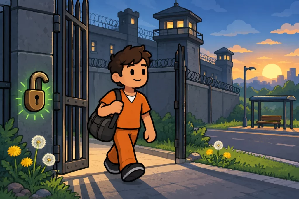 How to Escape Prison in BitLife: Layouts, 8x8 and Houdini 6 BitLife character leaving prison during a Houdini ribbon run