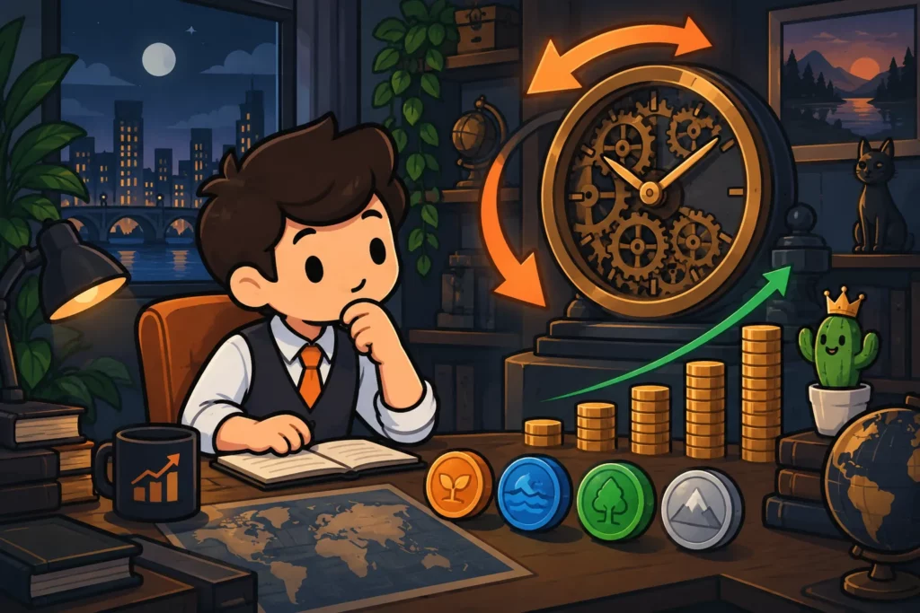 BitLife investor tracking crypto with a time travel clock