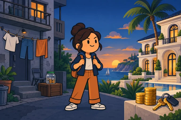 BitLife character building wealth from savings to a mansion