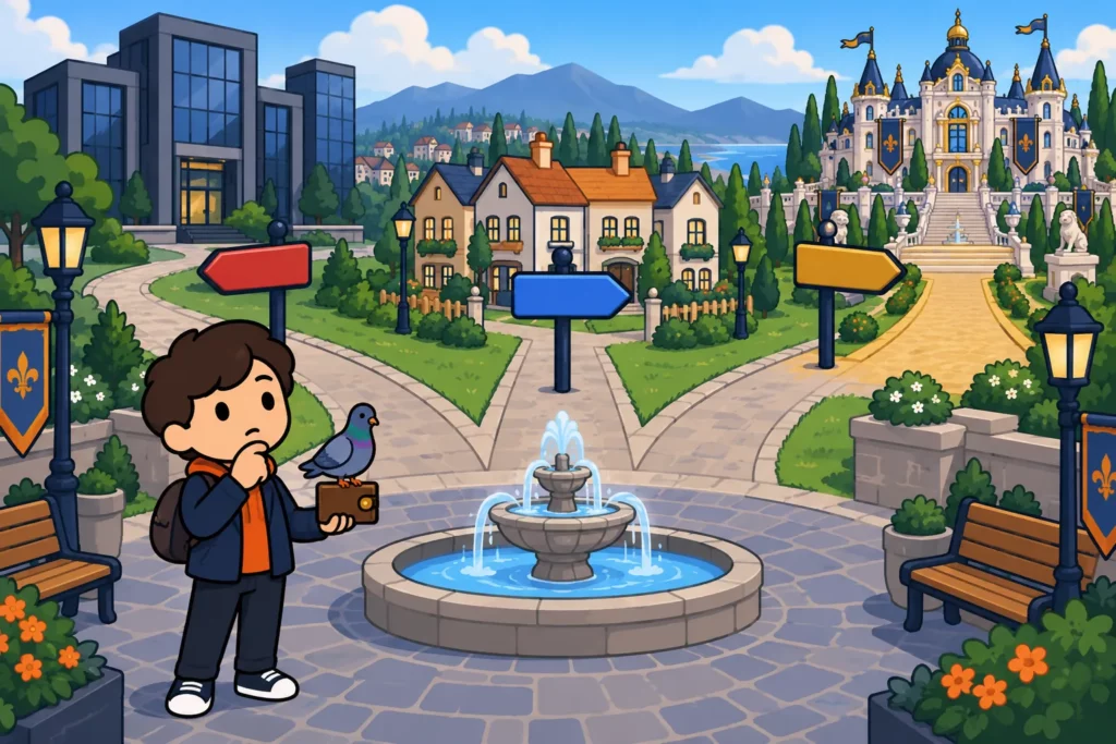 BitLife character choosing work, property, or royalty