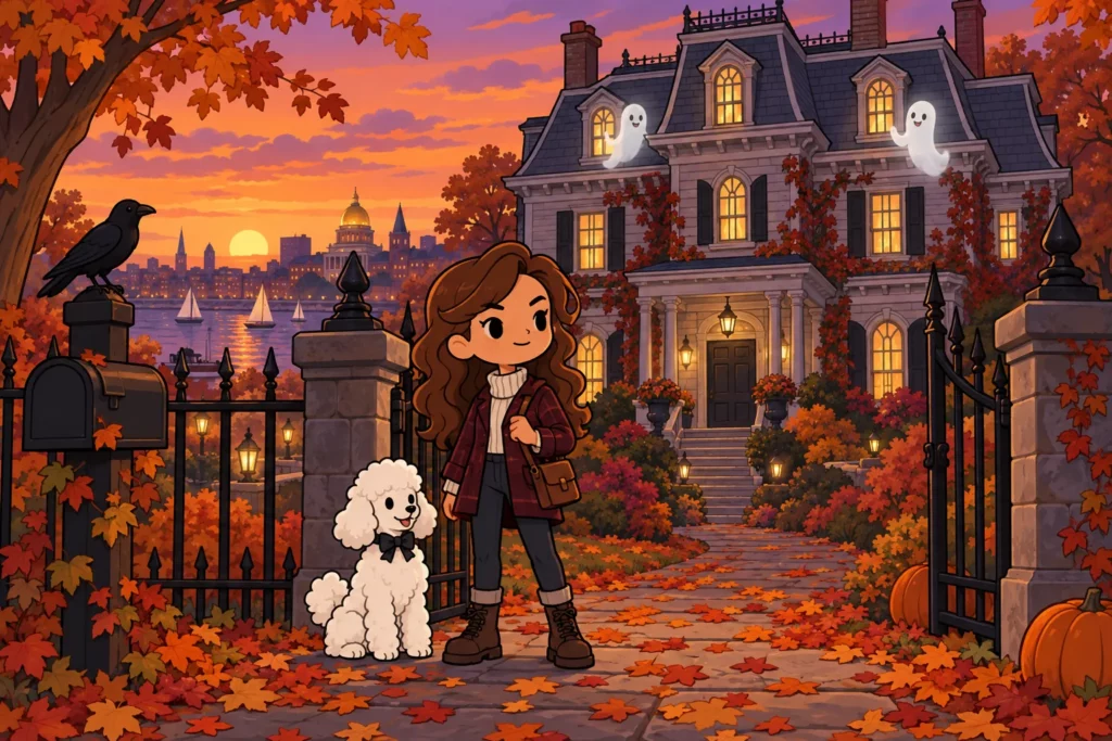 BitLife woman and poodle outside a haunted mansion