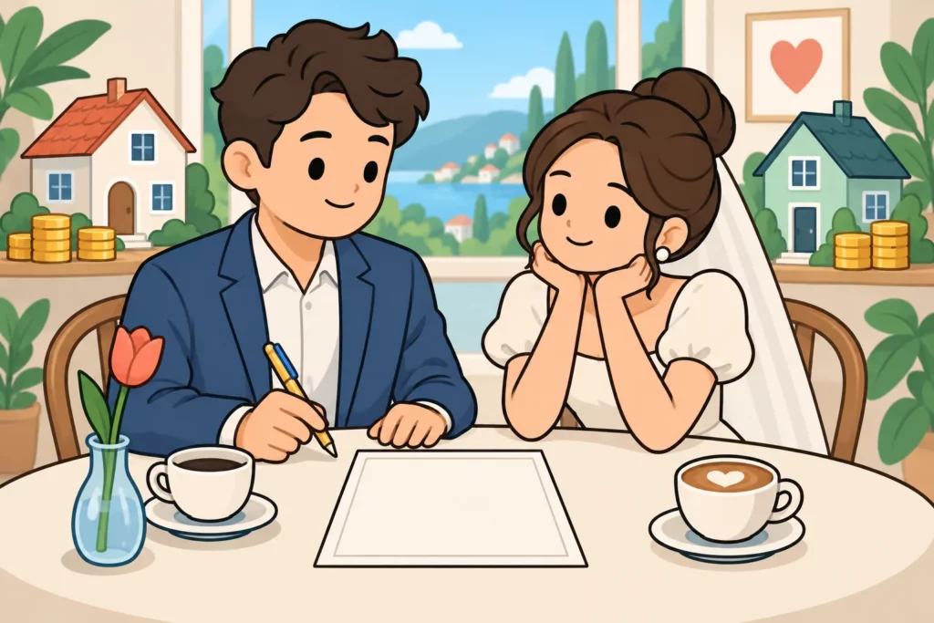 BitLife couple discussing a prenup before marriage